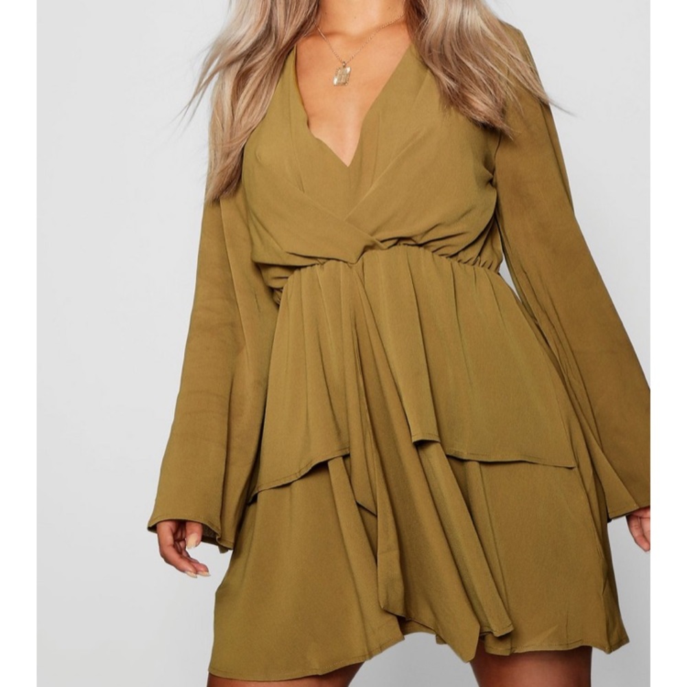 BooHoo Plus Wide Sleeve Ruffle Dress